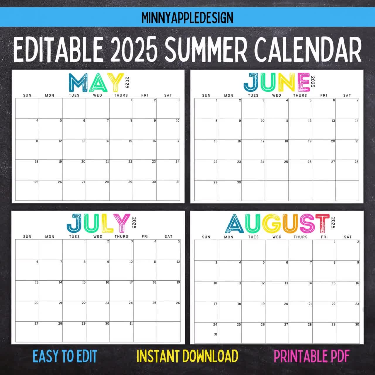 Printable Editable SUMMER Calendar June July August Calendar May 2025 June 2025 July 2025 August 2025 Summer Planner Etsy Finland