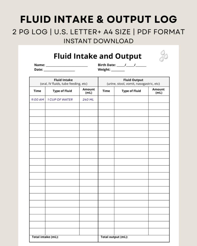 Printable Fluid Intake And Output Log Intake And Output Record Fluid Balance Chart Measurement Chart Health Tracker Instant Download Etsy