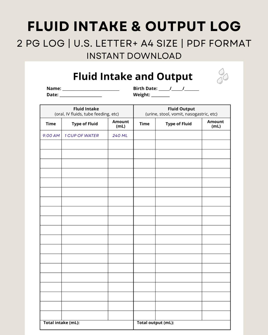 Printable Fluid Intake And Output Log Intake And Output Record Fluid Balance Chart Measurement Chart Health Tracker Instant Download Etsy