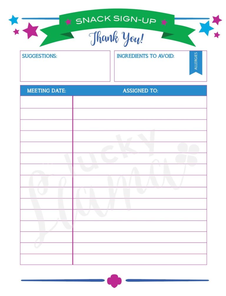 Printable Girl Scout Snack Sign up Sheet editable Version Included Etsy