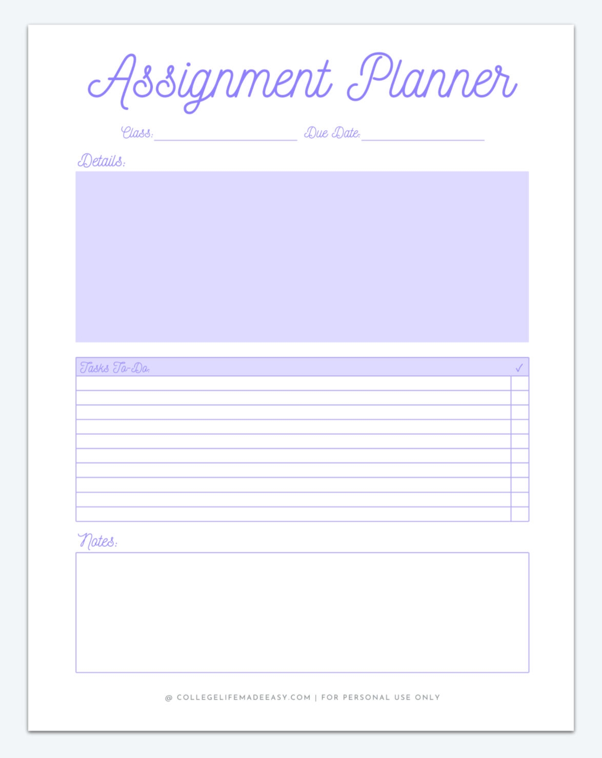 Printable Homework Planner Template For College Students