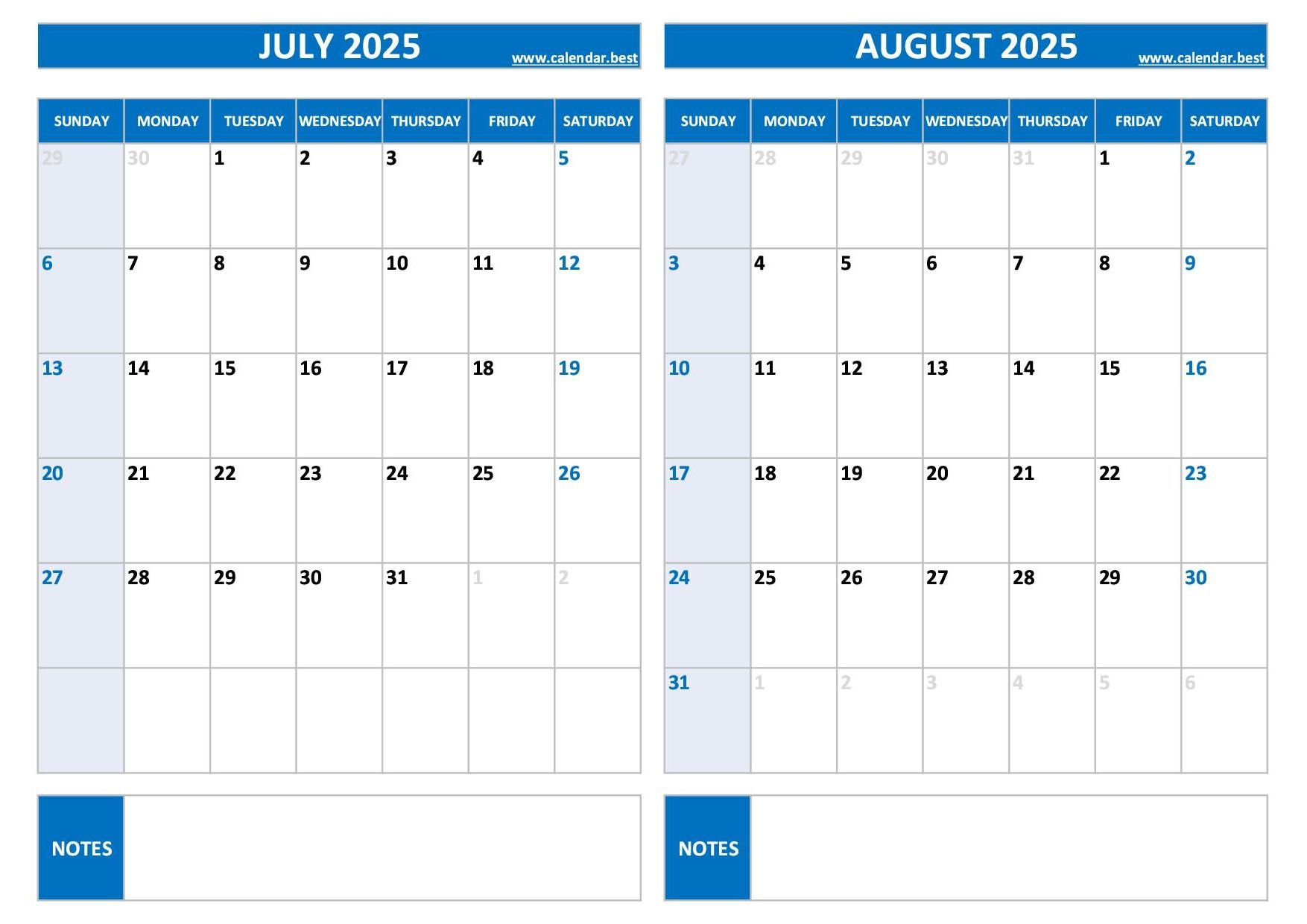 Printable July And August 2025 Calendar Free PDF U0026 JPG Downloads