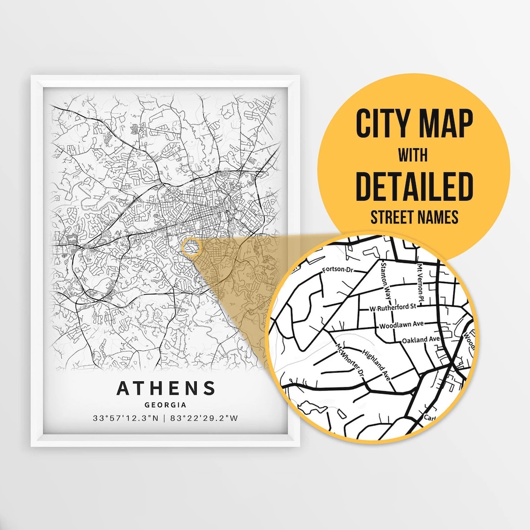 Printable Map Of Athens Georgia USA With Street Names Instant Download City Map Travel Gift City Poster Road Map Print Etsy