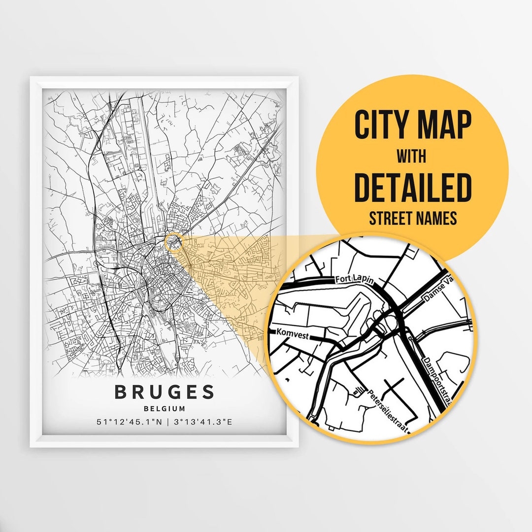 Printable Map Of Bruges West Flanders Belgium With Street Names Instant Download City Map Travel Gift City Poster Road Map Print Etsy