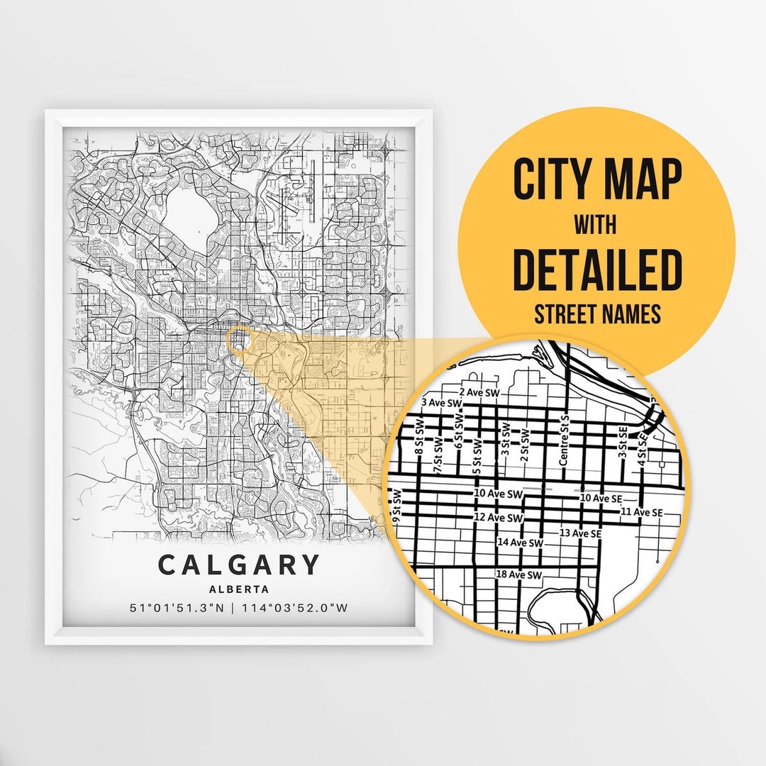 Printable Map Of Calgary Alberta Canada With Street Names Instant Download City Map Travel Gift City Poster Road Map Print Etsy New Zealand