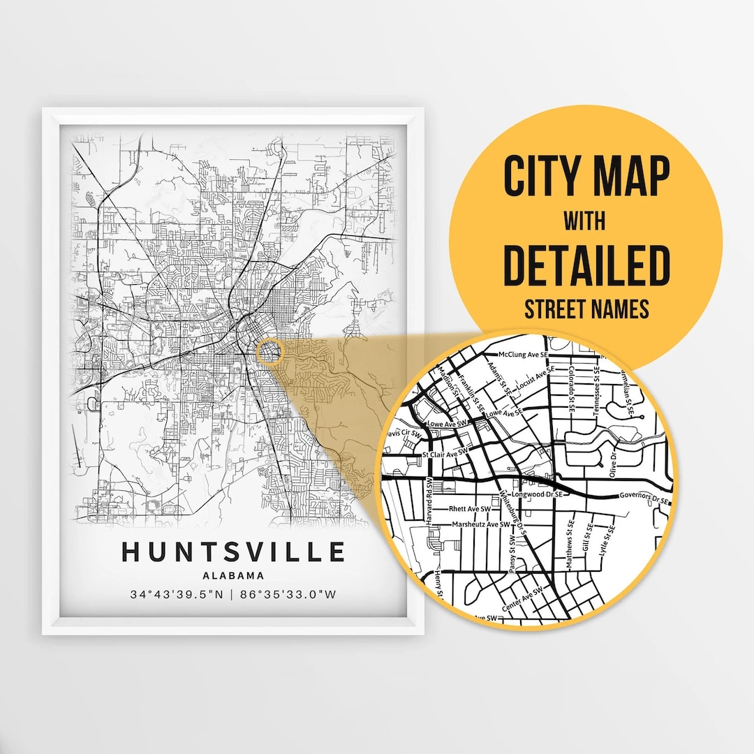 Printable Map Of Huntsville Alabama USA With Street Names Instant Download City Map Travel Gift City Poster Road Map Print Etsy Australia