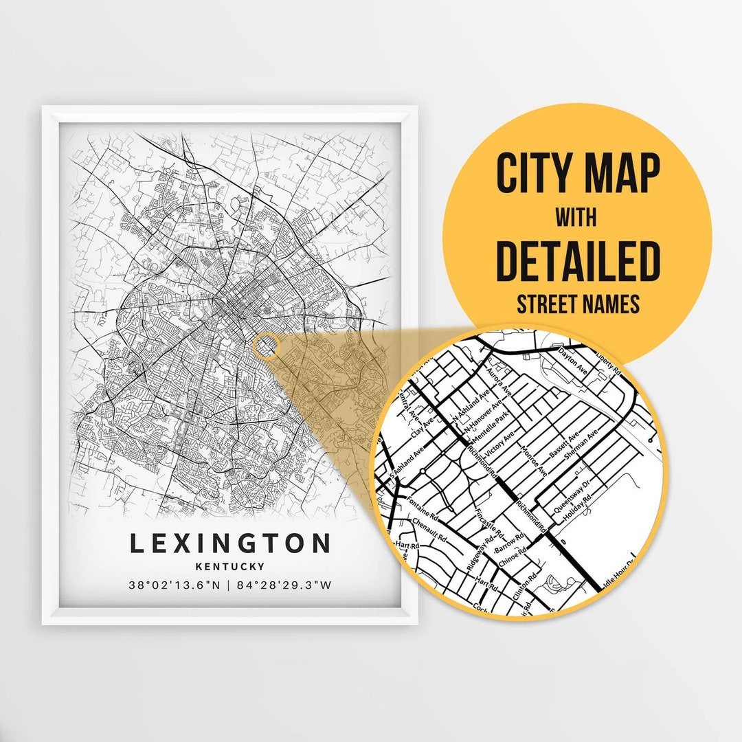 Printable Map Of Lexington Kentucky USA With Street Names Instant Download City Map Travel Gift City Poster Road Map Print Etsy