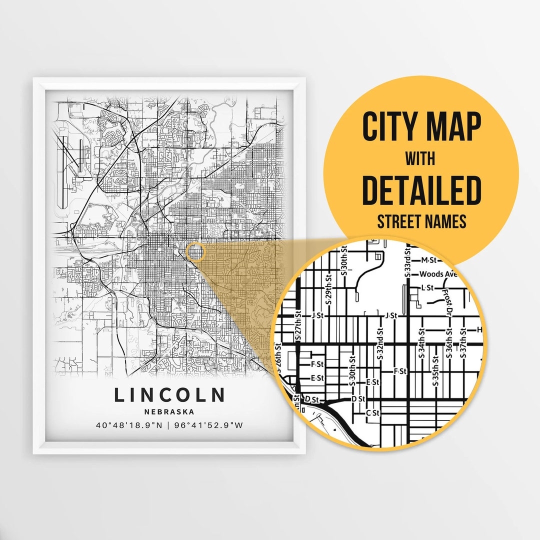 Printable Map Of Lincoln Nebraska USA With Street Names Instant Download City Map Travel Gift City Poster Road Map Print Etsy