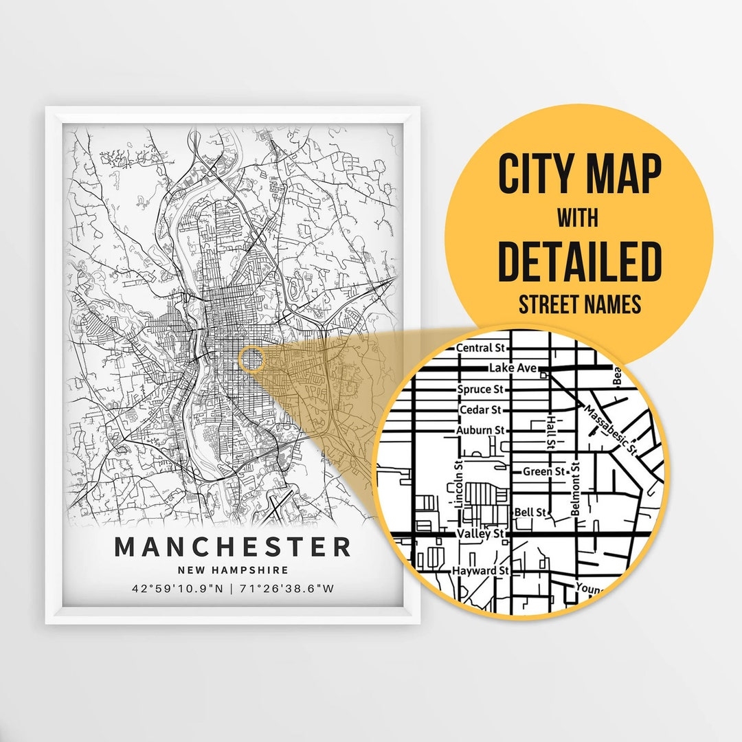 Printable Map Of Manchester New Hampshire USA With Street Names Instant Download City Map Travel Gift City Poster Road Map Print Etsy