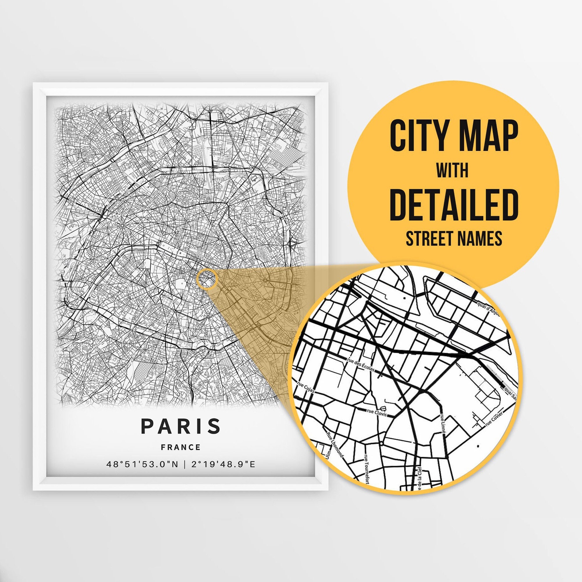 Printable Map Of Paris France With Street Names Instant Download City Map Travel Gift City Poster Road Map Print Wall Art Etsy
