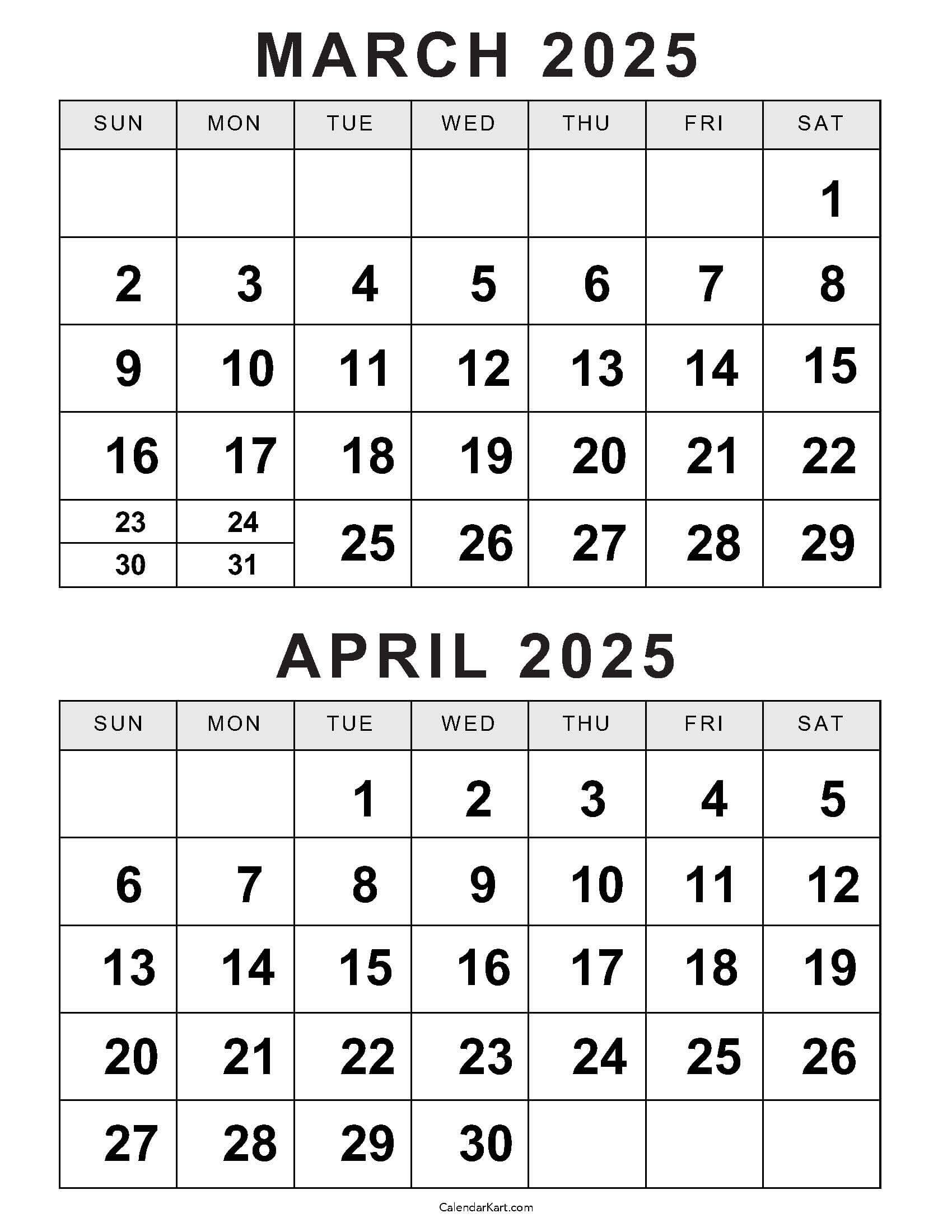 Printable March April 2025 Calendar Calendarkart