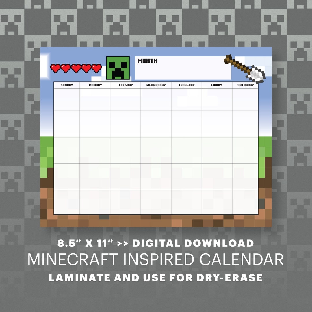Printable Minecraft Theme Blank Month View Calendar 8 5 X 11 Page Full Bleed Laminate For Reusable Dry Erase Calendar Digital Download Etsy