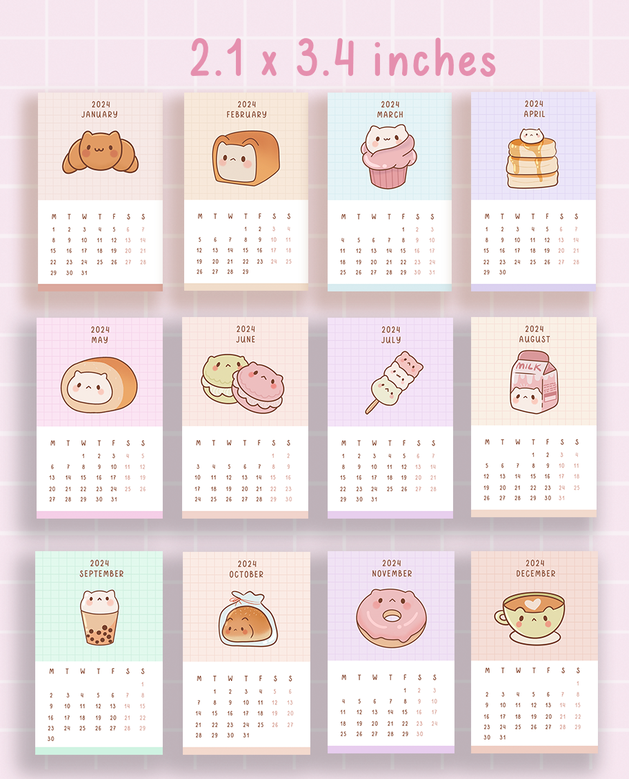 Printable Mini 2024 Calendar Digital Download Polaroid Size NomNom Kawaii