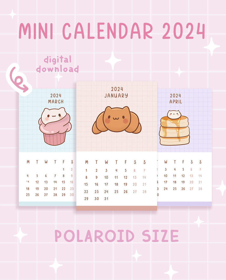 Printable Mini 2024 Calendar Digital Download Polaroid Size NomNom Kawaii