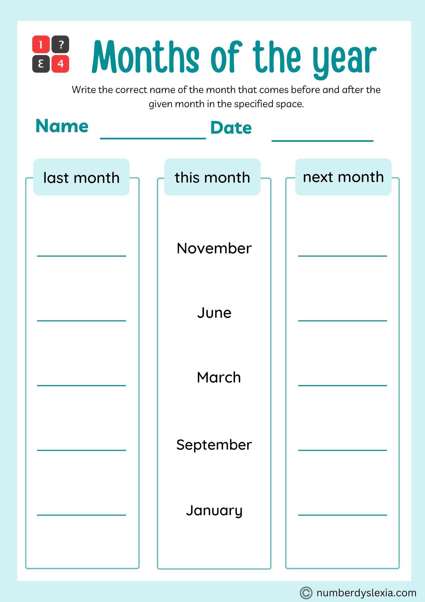 Printable Months Of The Year Worksheet PDF Included Number Dyslexia
