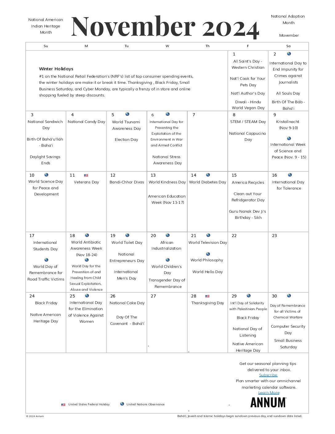 Printable November 2024 Calendar November Holidays Annum