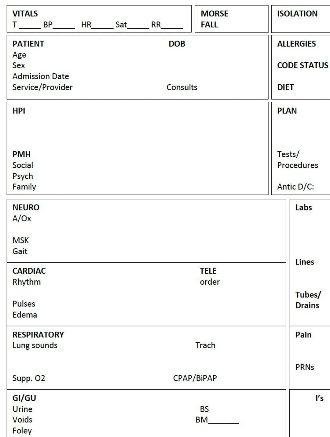 Printable Nursing Report Sheet Nurse Brain Sheet Single Patient Reporting Template ICU Nurses Resources Med Surg A4 And US Letter Etsy