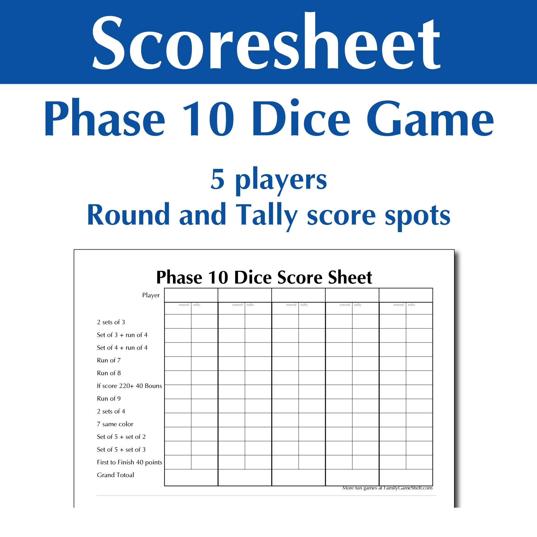 Printable Phase 10 Dice Game Score Sheet Etsy UK