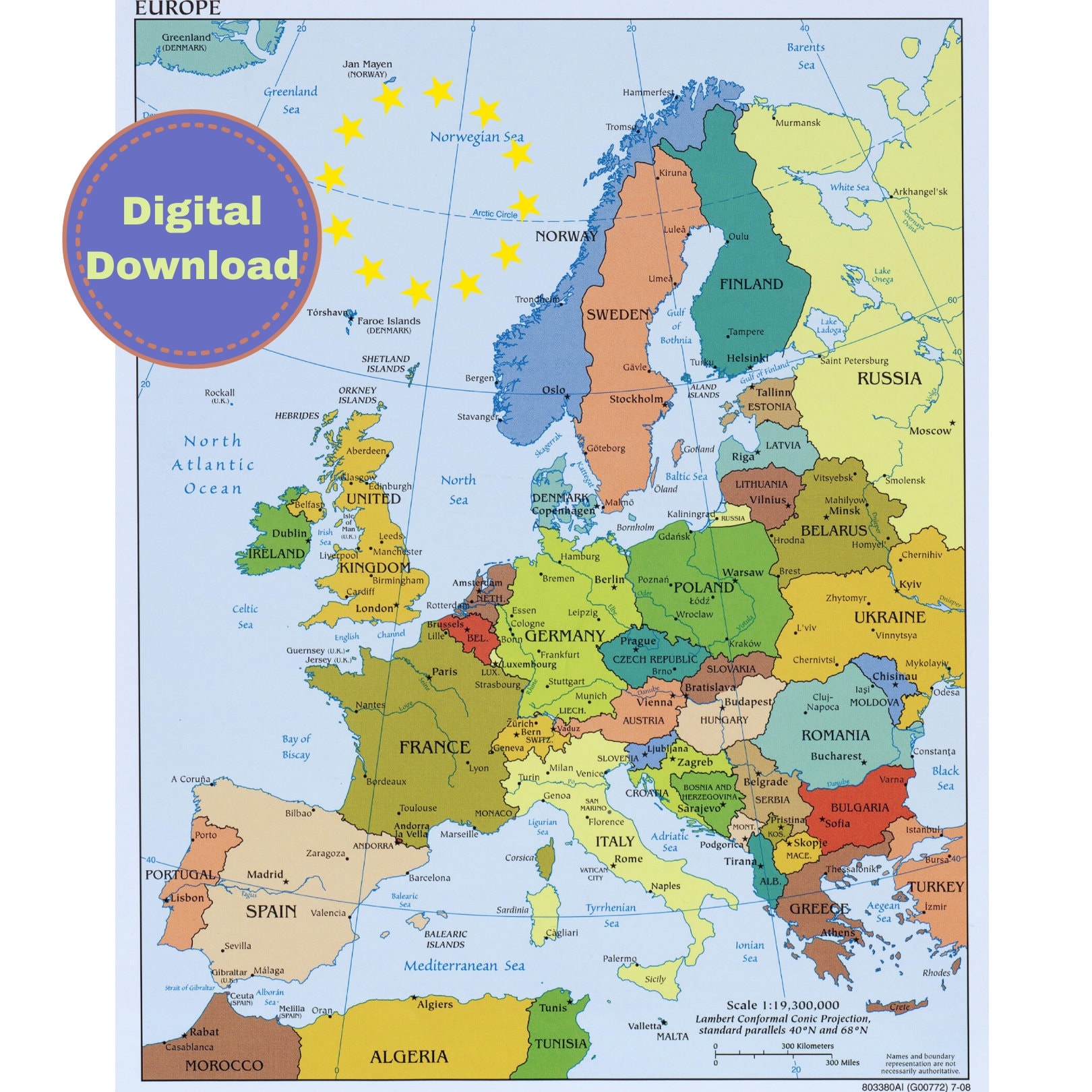 Printable Political Map Of Europe Mapping Countries Of Europe Lively Political Map Digital European Map Colorful Office Wall Decor Etsy