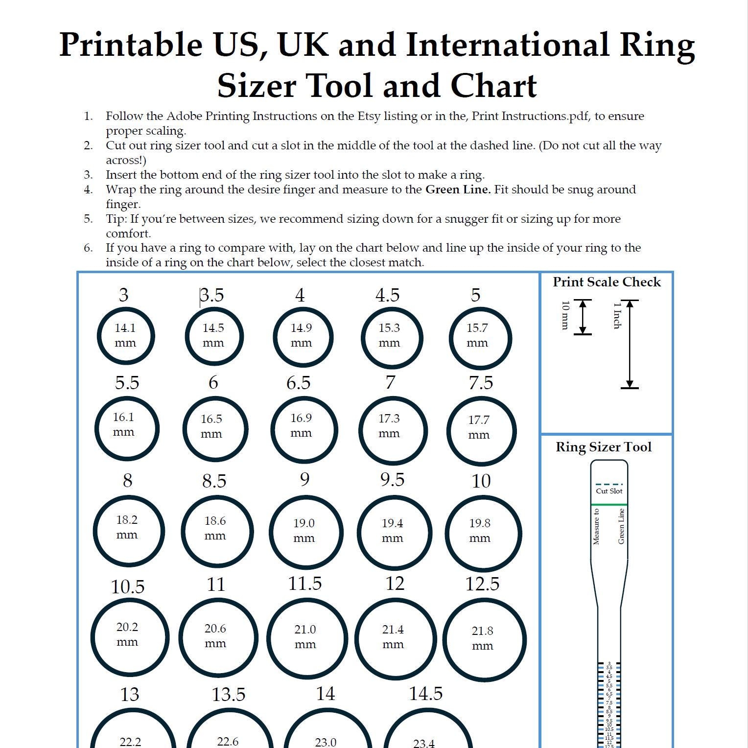 Printable Ring Sizer Tool US UK International Size Chart PDF Download Etsy