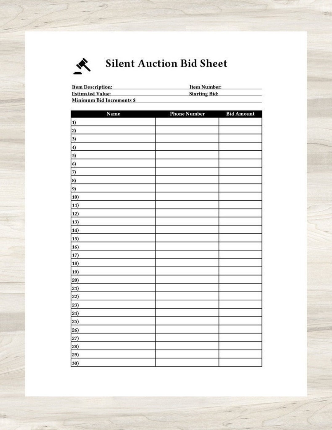 Printable Silent Auction Bid Sheet great For Charity school Fundraisers Etsy Printable Silent Auction Bid Sheet great For Charity school Fundraisers Etsy