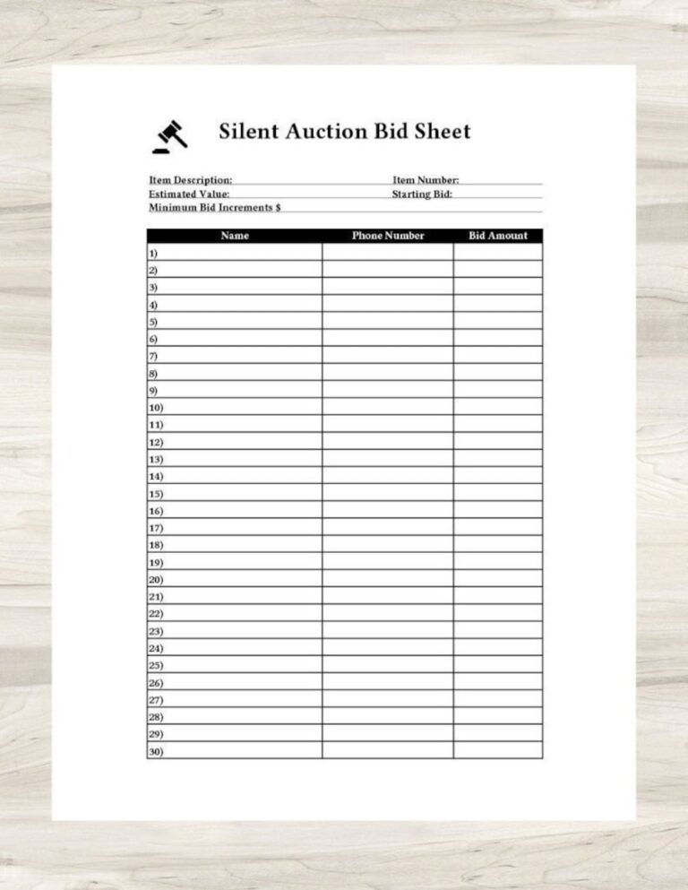 Printable Silent Auction Bid Sheet great For Charity school Fundraisers Etsy