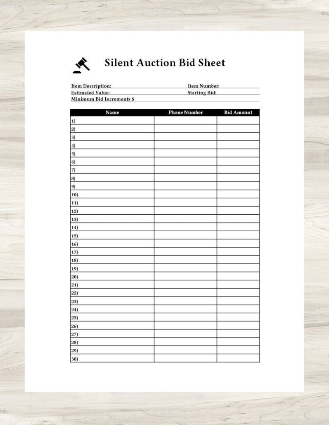 Printable Silent Auction Bid Sheet great For Charity school Fundraisers Etsy