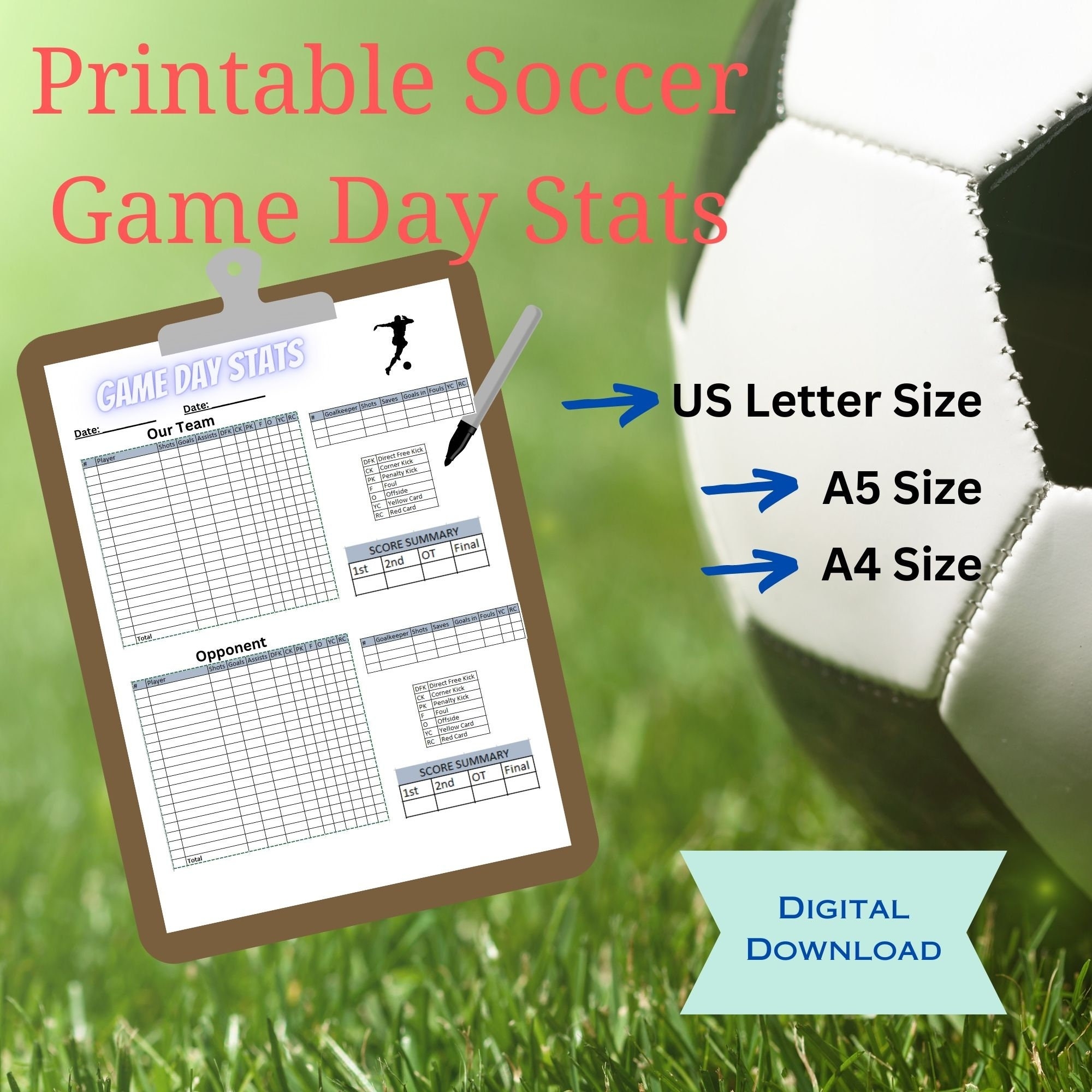 Printable Soccer Game Stats Sheet US Letter A4 A5 digital Download Etsy