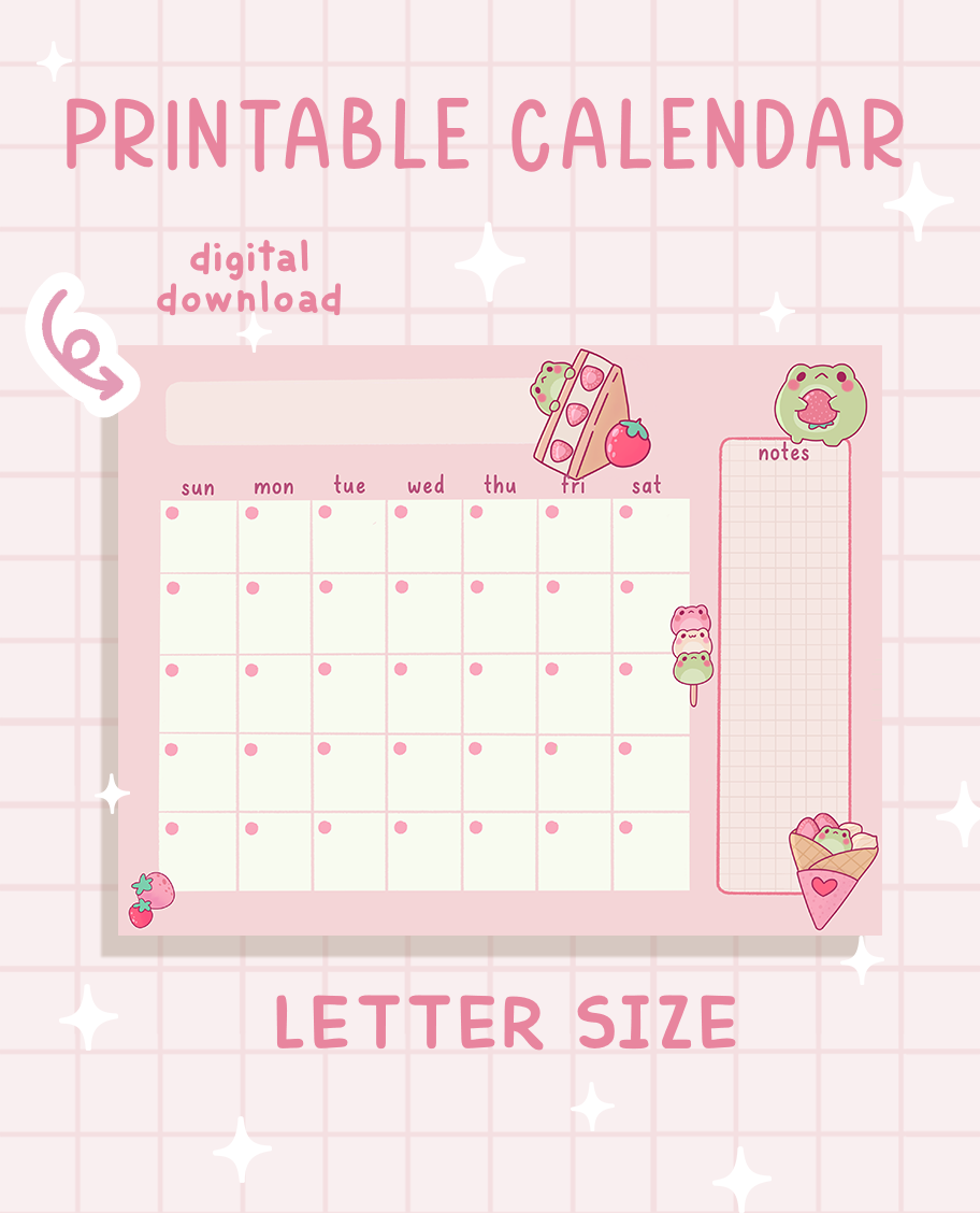 Printable Strawberry Frog Monthly Open Calendar Digital Download NomNom Kawaii