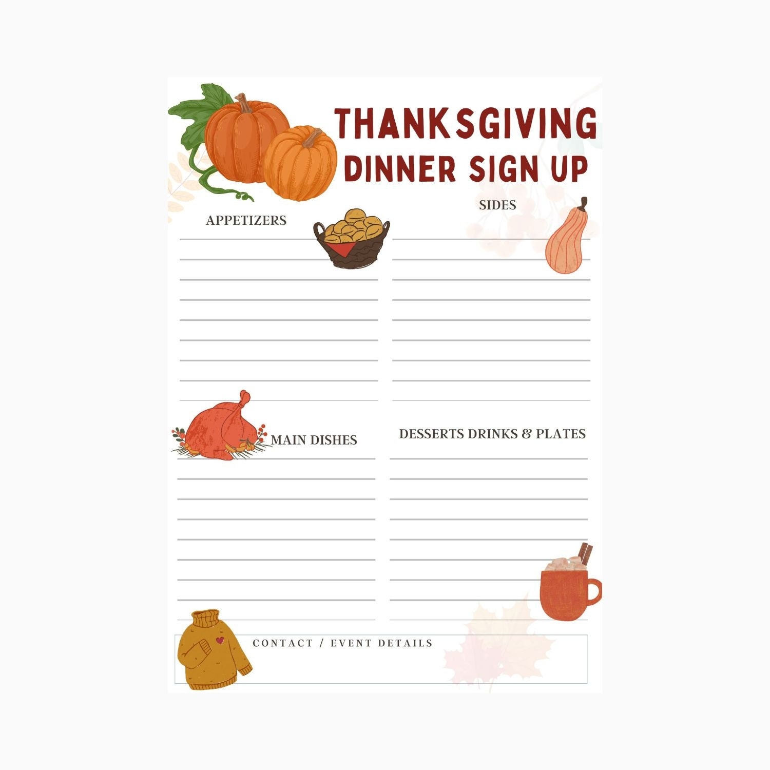 Printable Thanksgiving Potluck Sign Up Sheet Thanksgiving Dinner Friendsgiving Etsy