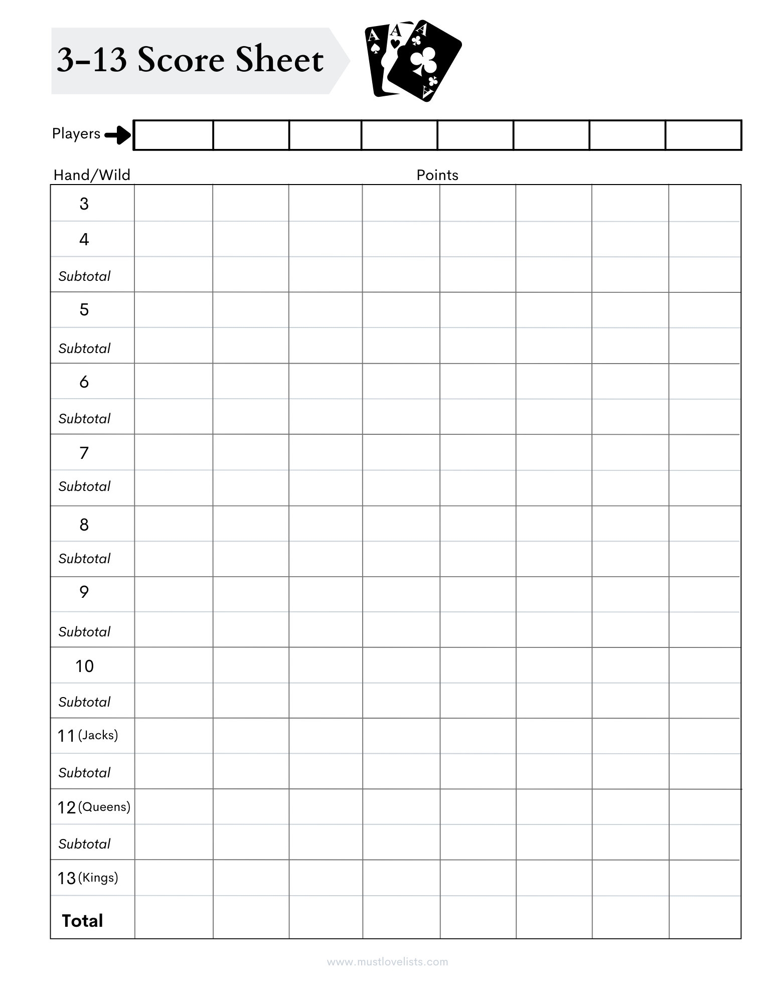 Printable Three Thirteen Score Sheets 3 13 Card Game Score Cards 