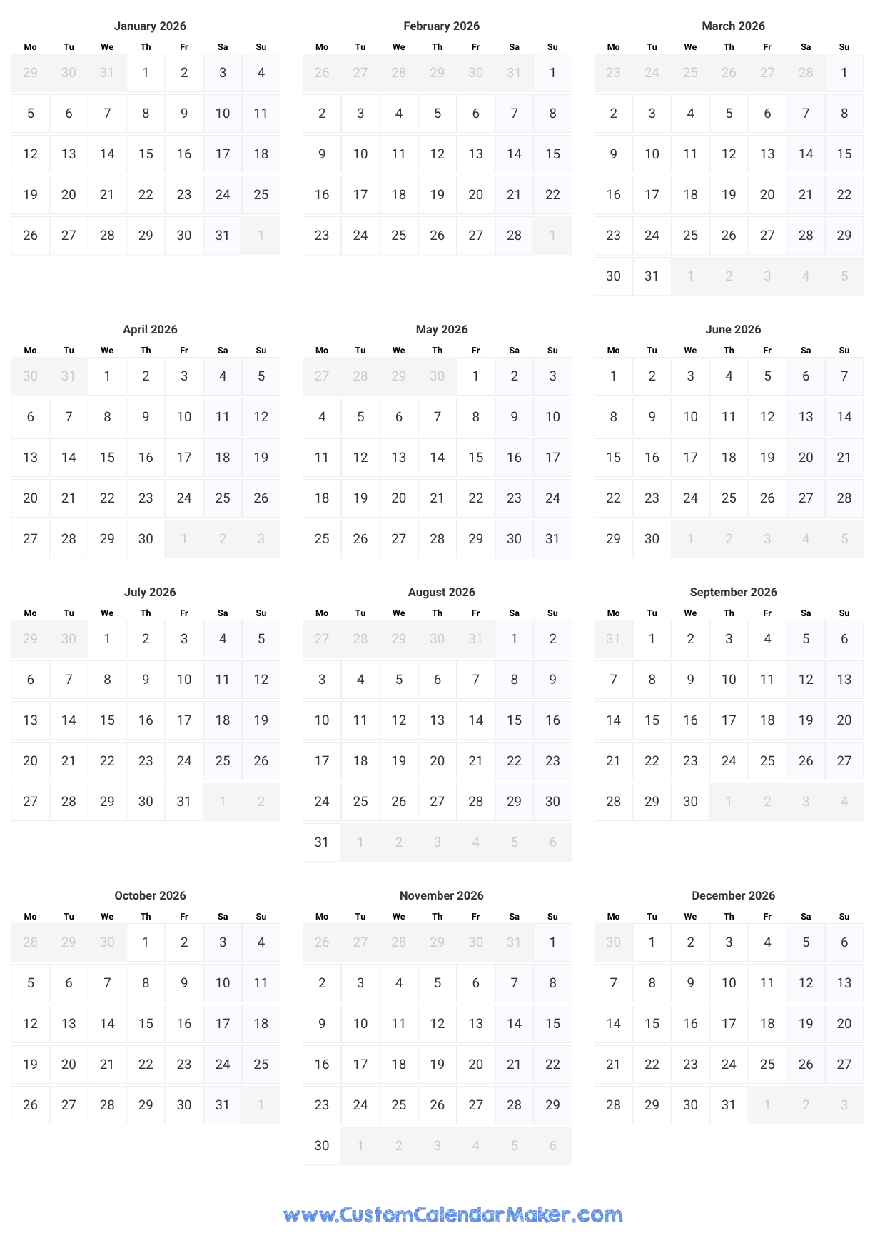 Printable Yearly Calendar 2026 Full Year At A Glance Custom Calendar Maker