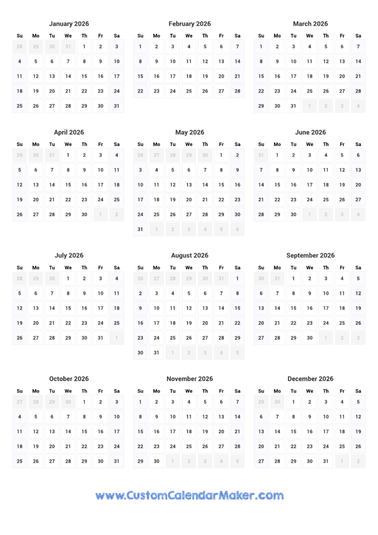 Printable Yearly Calendar 2026 Full Year At A Glance Custom Calendar Maker