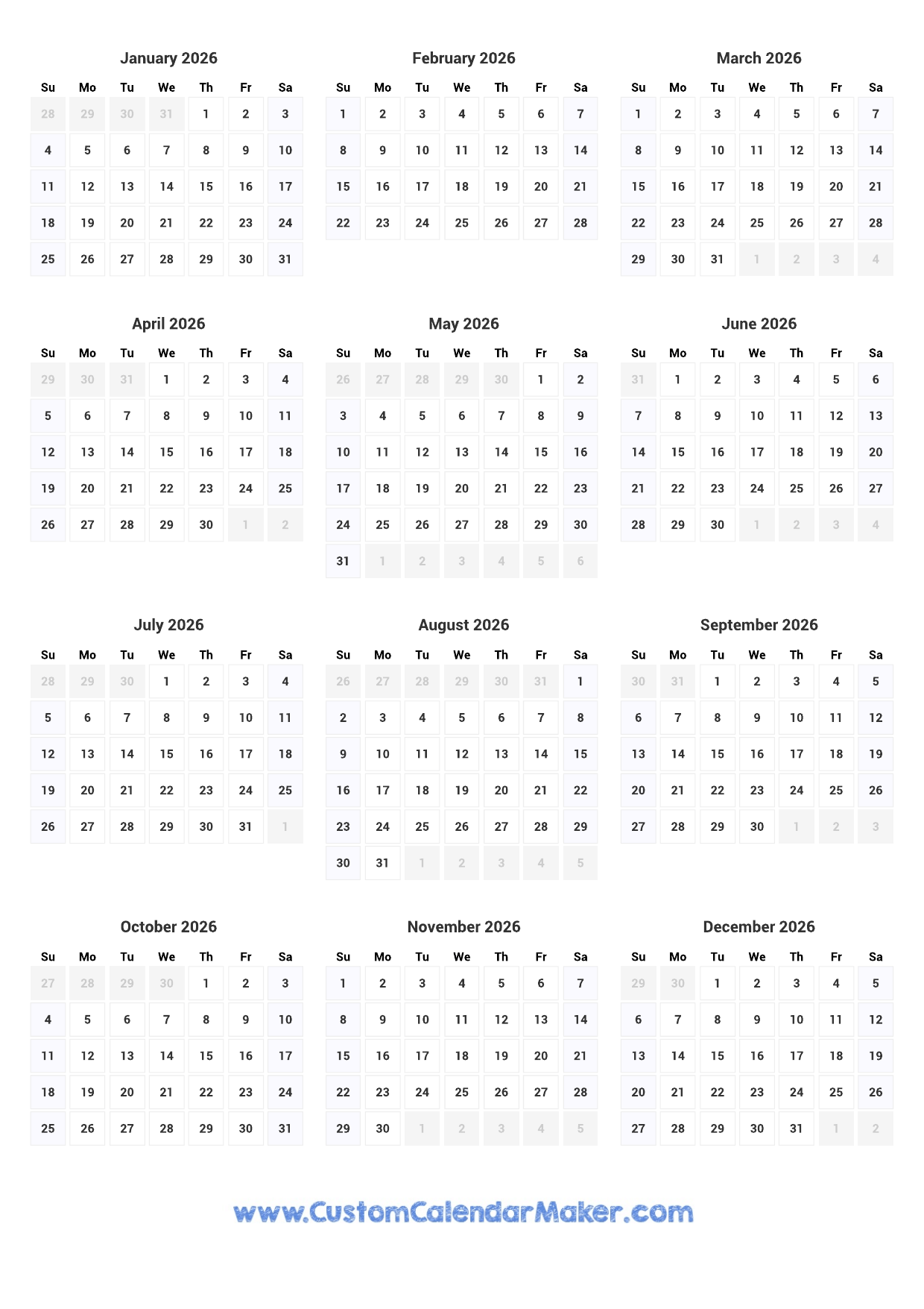 Printable Yearly Calendar 2026 Full Year At A Glance Custom Calendar Maker Printable Yearly Calendar 2026 Full Year At A Glance Custom Calendar Maker