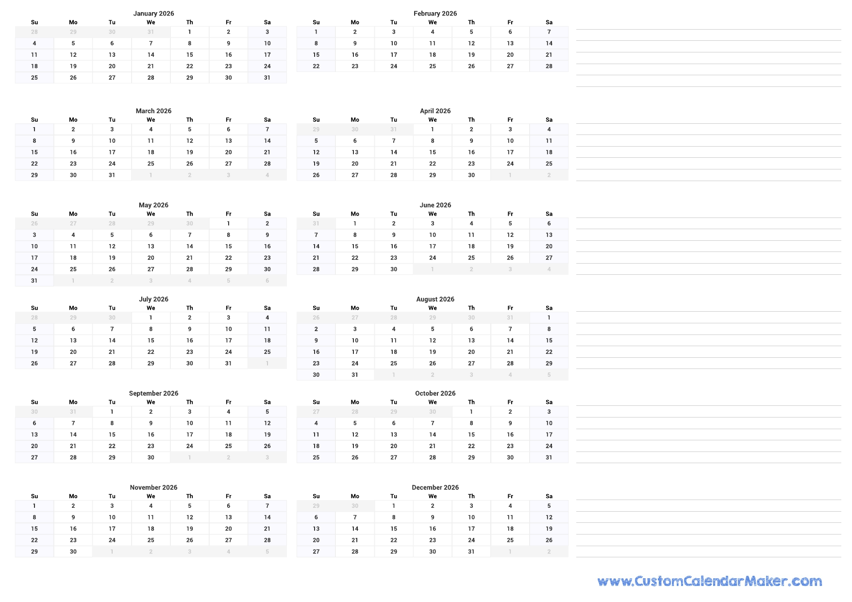 12 Month 2026 Calendar Printable