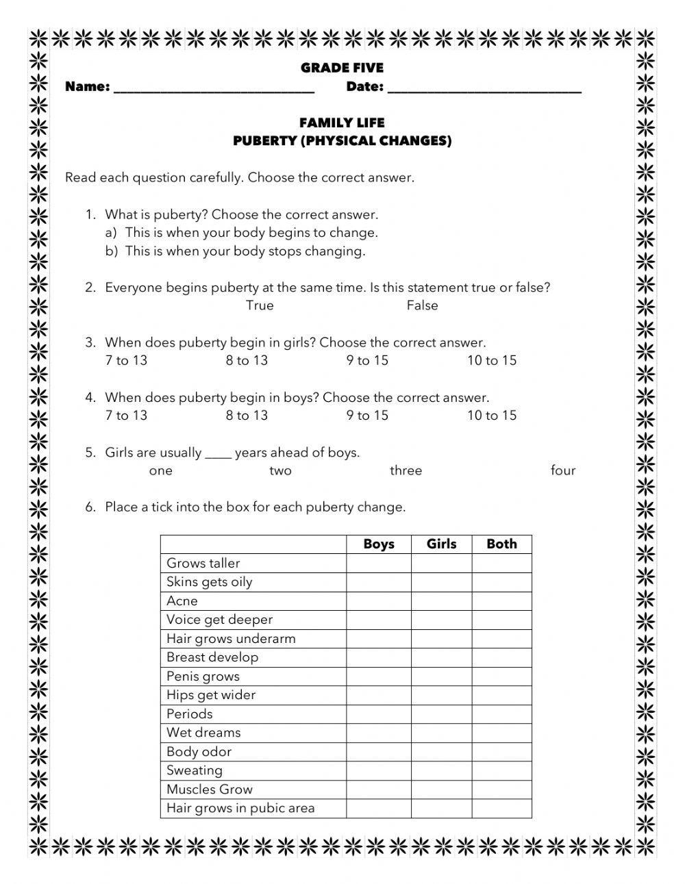 Puberty Physical Changes Worksheet Worksheets Library