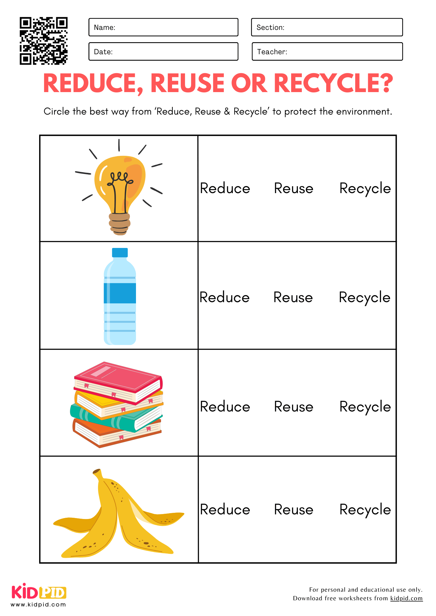Reduce Reuse And Recycle Identification Worksheet For Kindergarten Kidpid