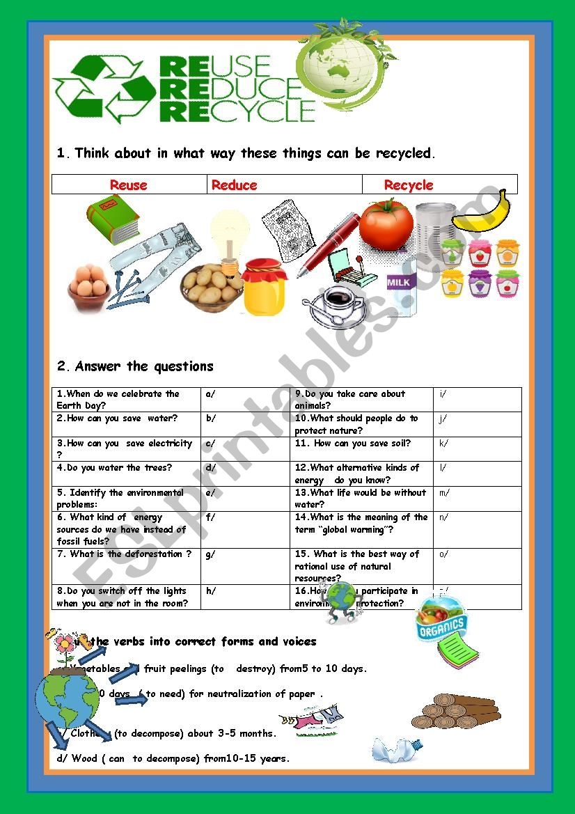 REDUCE REUSE RECYCLE ESL Worksheet By Myemma