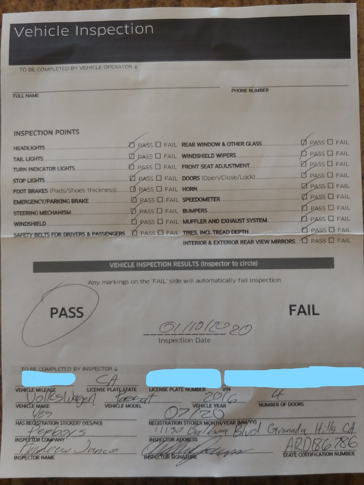 Lyft Inspection Sheet Printable