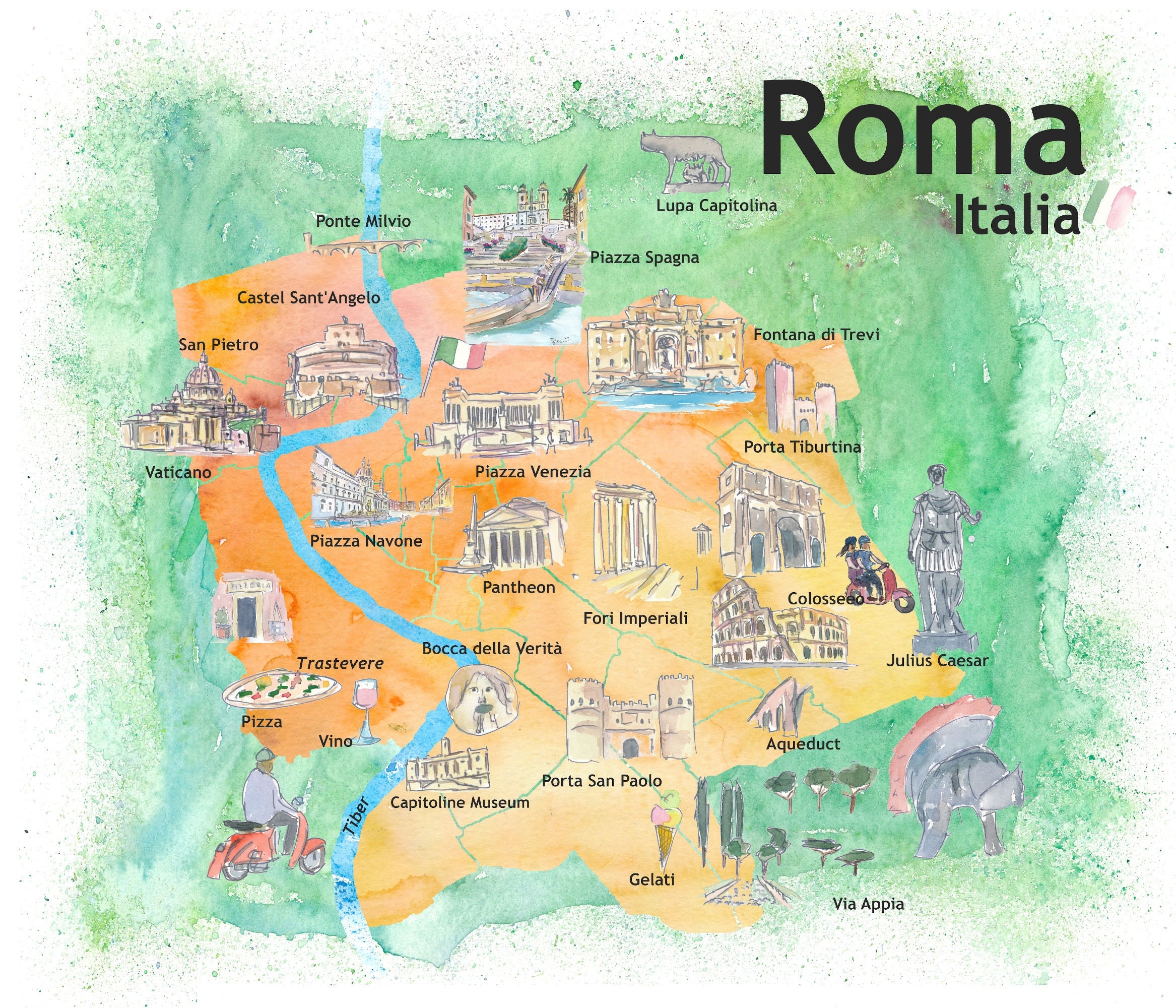 Rome Italy Illustrated Travel Poster Favorite Map Tourist Highlights Etsy UK
