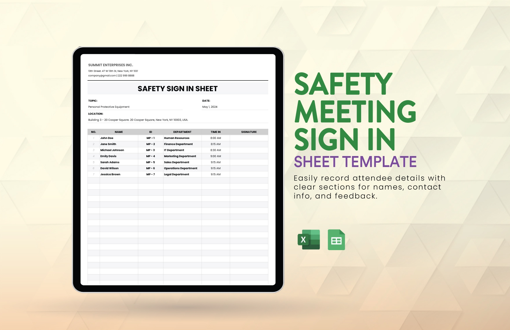 Safety Meeting Sign In Sheet Template In Excel Google Sheets Download Template