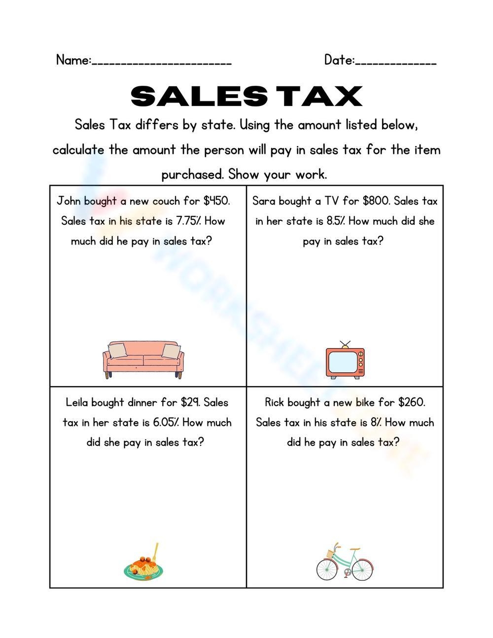 Sales Tax Math Multiplication Worksheet Worksheets Library