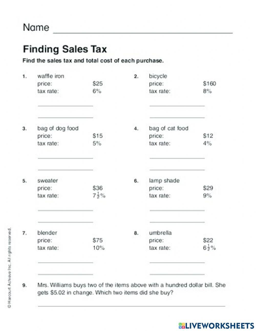 Sales Tax Online Exercise For Worksheets Library