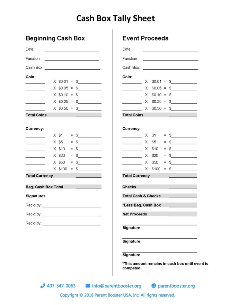 Sample Cash Box Tally Sheet Parent Booster USA