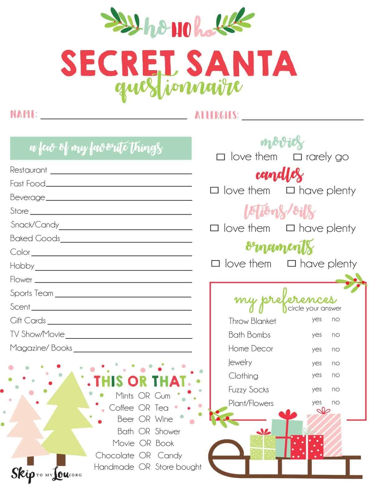 Secret Santa Sheet Printable