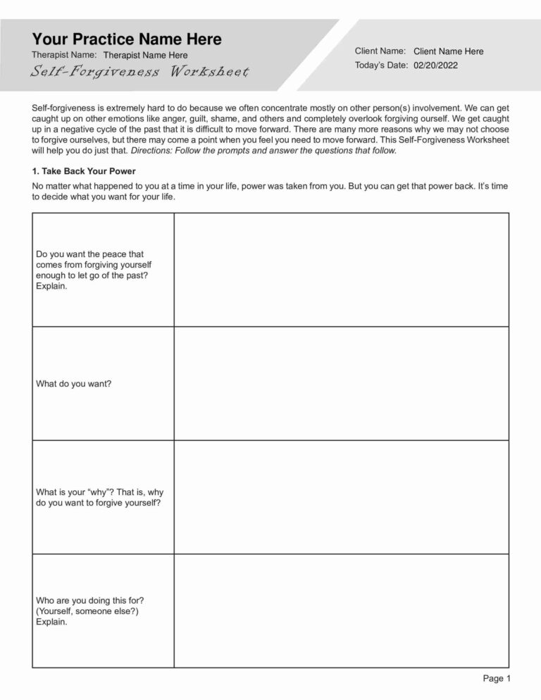 Self Forgiveness Worksheet Editable Fillable Printable PDF 