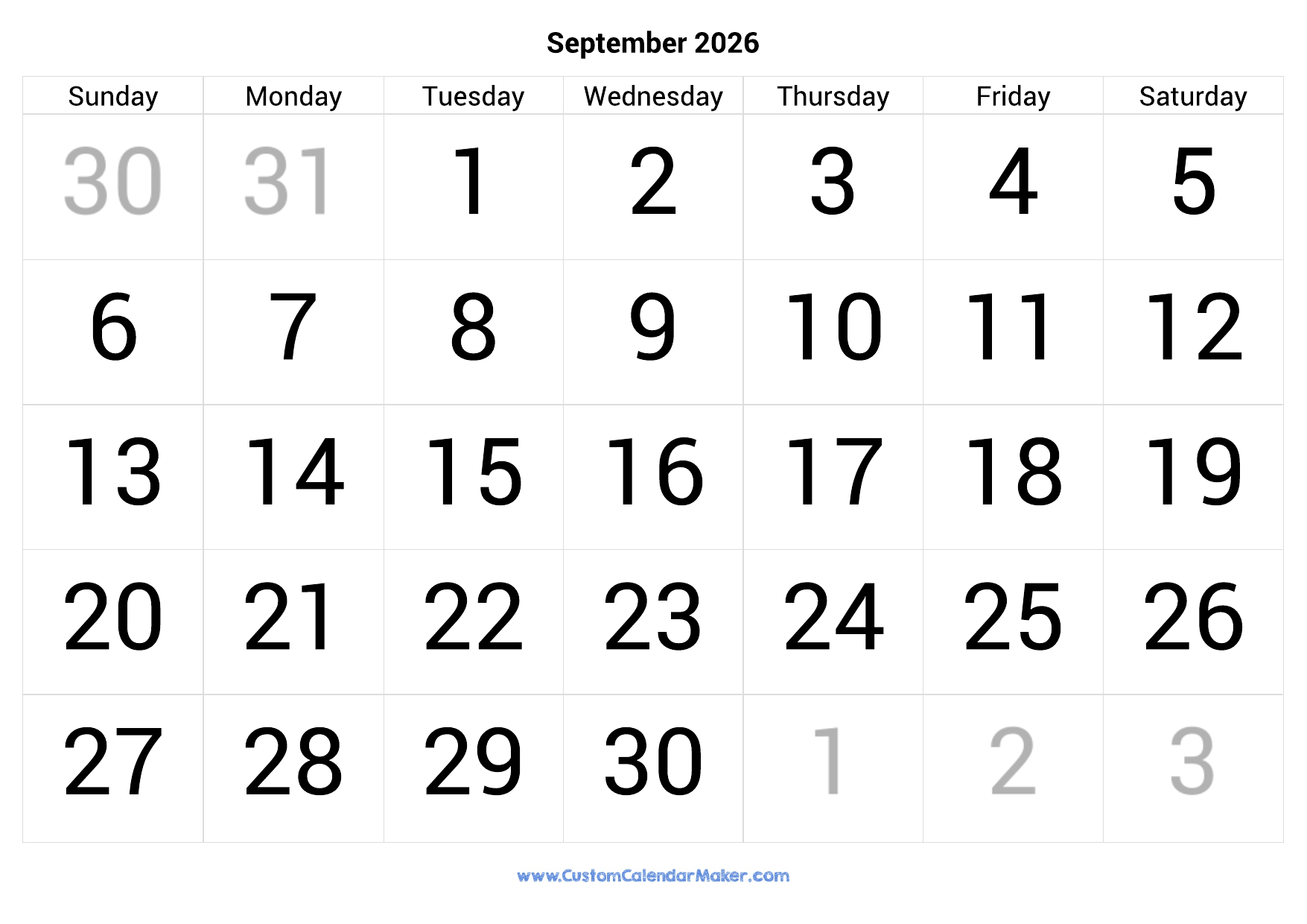 September Calendar Printable 2026