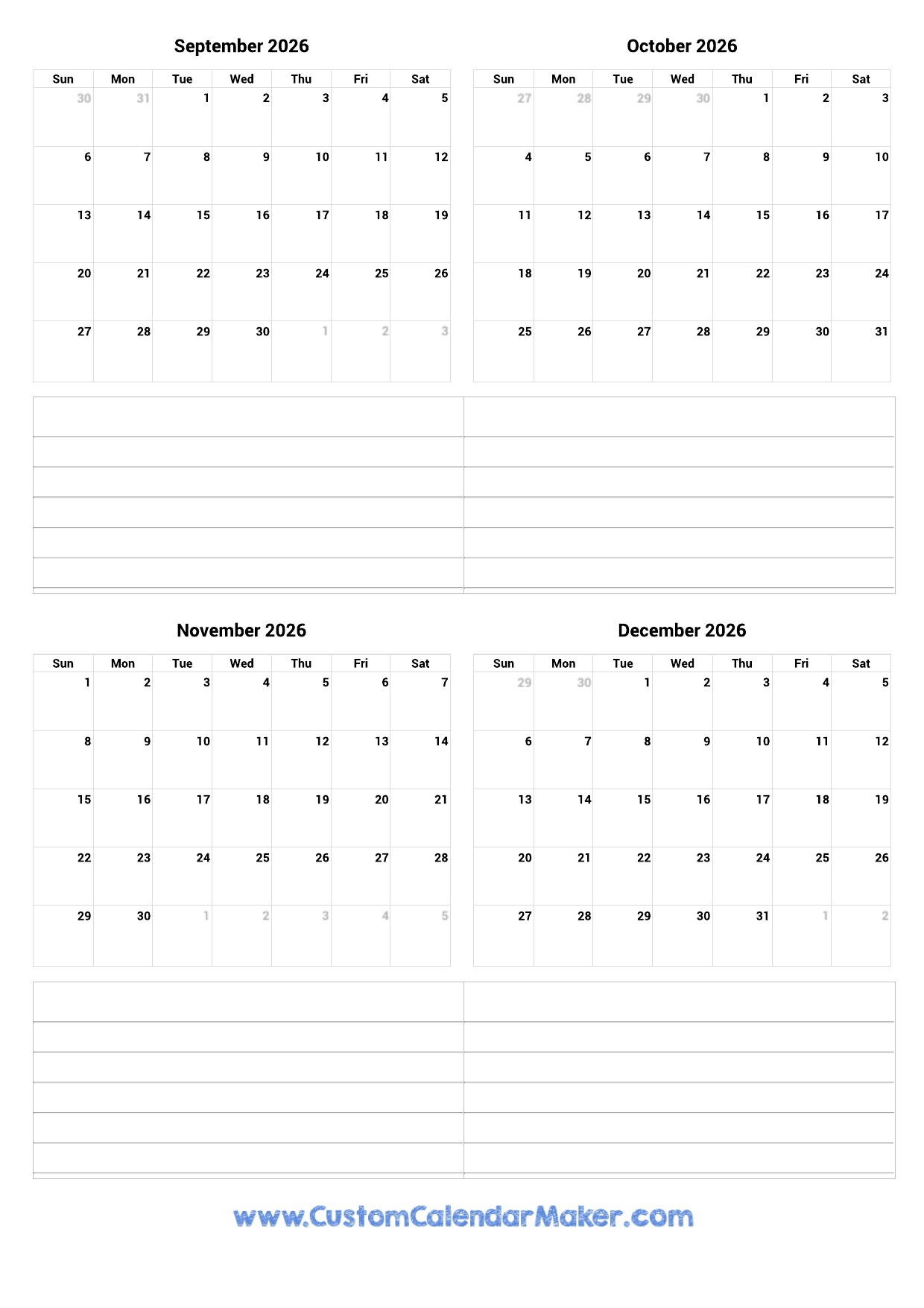 Blank September 2026 Calendar Printable