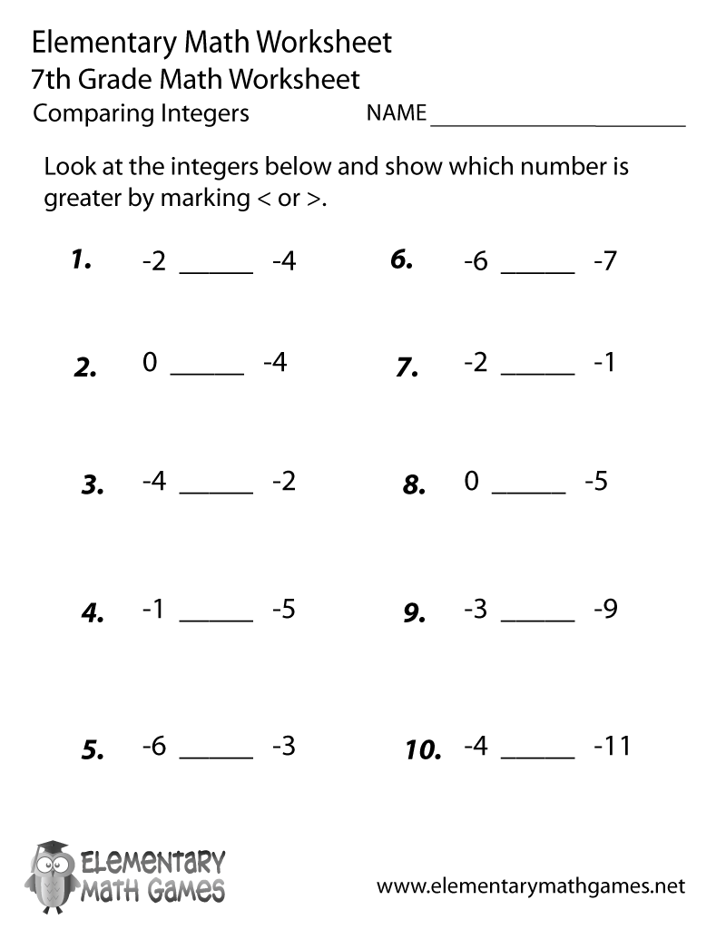 Seventh Grade Comparing Integers Worksheet