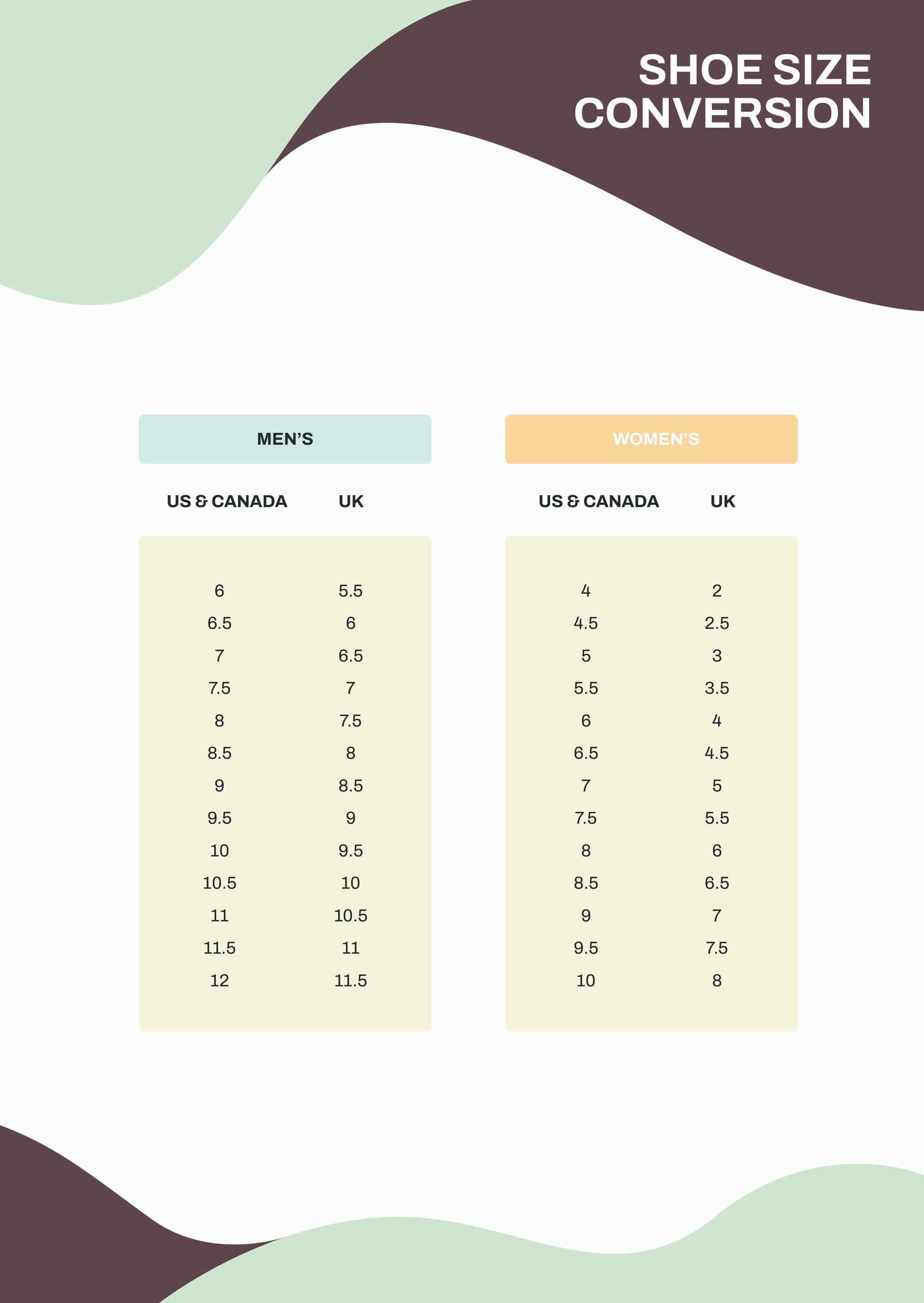 Men's Shoe Sizing Chart Printable